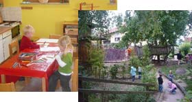 Spielende Kinder im Kindergarten und auf dem Abenteuerspielplatz des Kindergartens